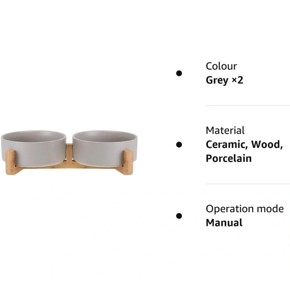 HCHLQLZ Grey Ceramic Cat Dog Bowl Dish with Wood Stand No Spill Pet Food Water